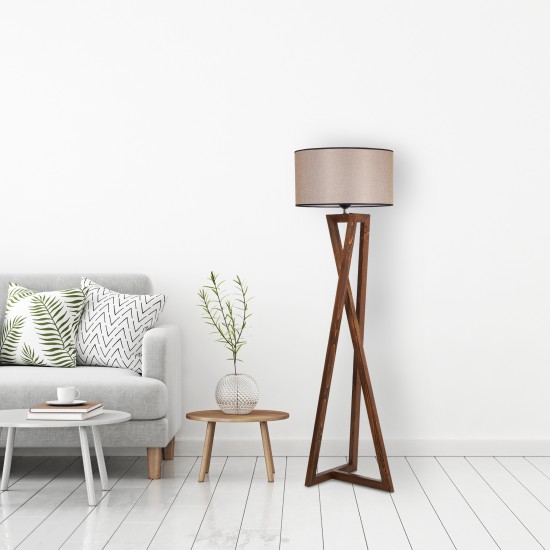 Opviq Floor Lamp Maçka Ceviz Ahşap Lambader Silindir Koyu Hasır Abajurlu Walnut