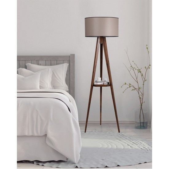 Opviq Floor Lamp Sehbalı Tripod Ceviz Lambader Silindir 82 Abajurlu Walnut