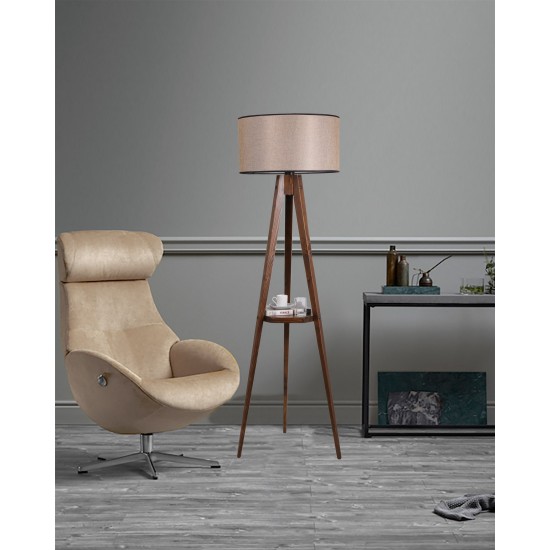 Opviq Floor Lamp Sehbalı Tripod Ceviz Lambader Silindir Açık Hasır Abajurlu Walnut