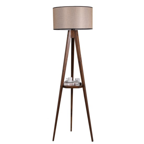 Opviq Floor Lamp Sehbalı Tripod Ceviz Lambader Silindir Açık Hasır Abajurlu Walnut