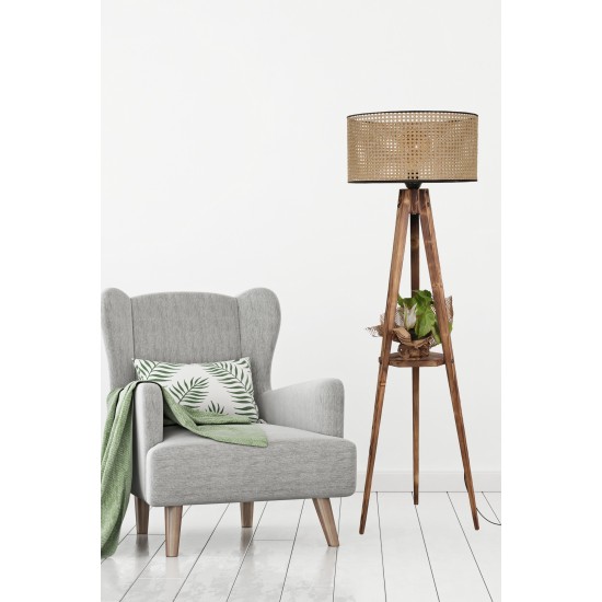 Opviq Floor Lamp Sehbalı Tripod Lambader Yanık Silindir Rattan Abajurlu Brown
