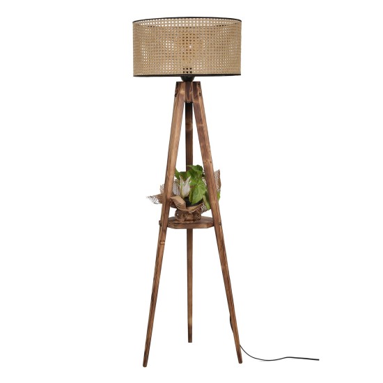 Opviq Floor Lamp Sehbalı Tripod Lambader Yanık Silindir Rattan Abajurlu Brown