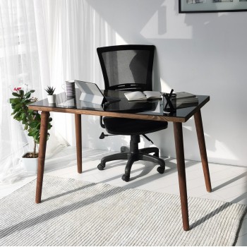 Study Desk Cozy Çalışma Masası Ahşap Temperli Cam Walnut