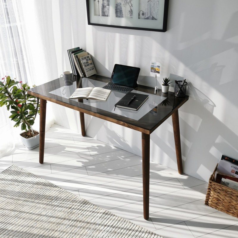 Study Desk Cozy Çalışma Masası Ahşap Temperli Cam Walnut