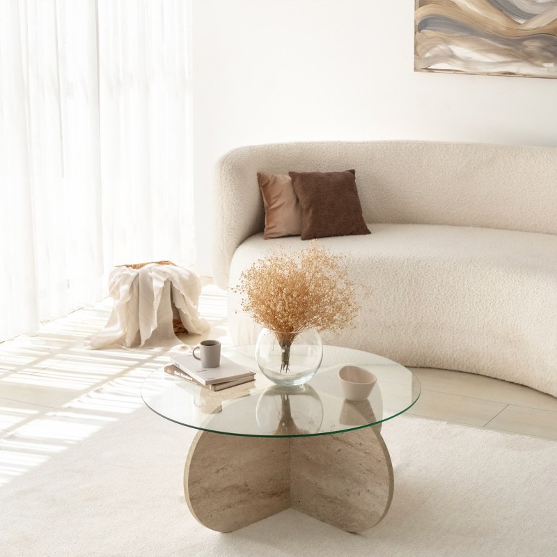 Τραπέζι Σαλονιού Bubble - Χρώμα Τραβερτίνη με Γυαλί - 75x35εκ