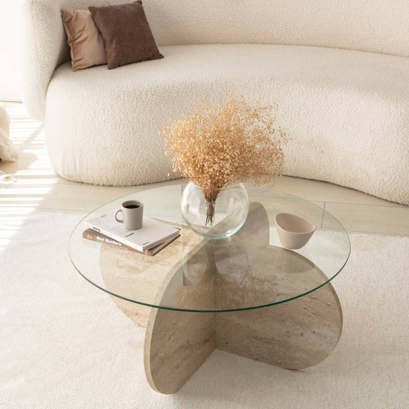 Τραπέζι Σαλονιού Bubble - Χρώμα Τραβερτίνη με Γυαλί - 75x35εκ