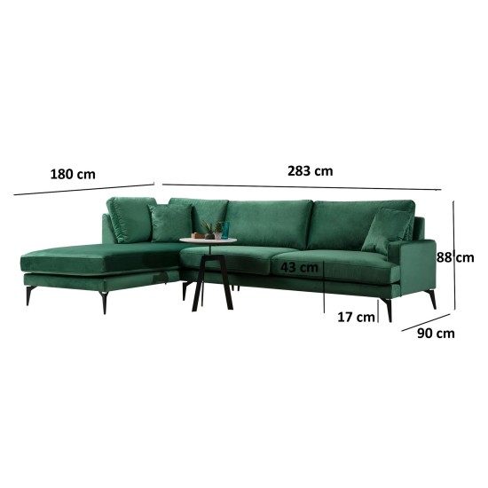 Γωνιακός Καναπές Papira Γωνία(CHL+3R) 283x90x88εκ - Green Γωνιακός Καναπές Papira Γωνία(CHL+3R) 283x90x88εκ - Green
