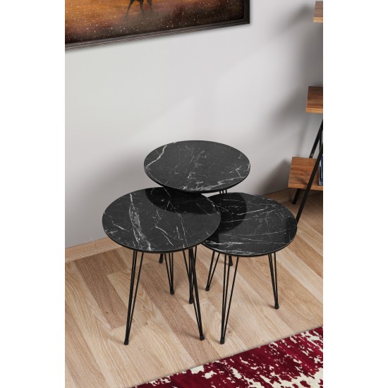 Nesting Table (3 Pieces) Siyah Mermer Desenli 3Lü Tel Ayaklı Yuvarlak Zigon Sehpa Grey
Black