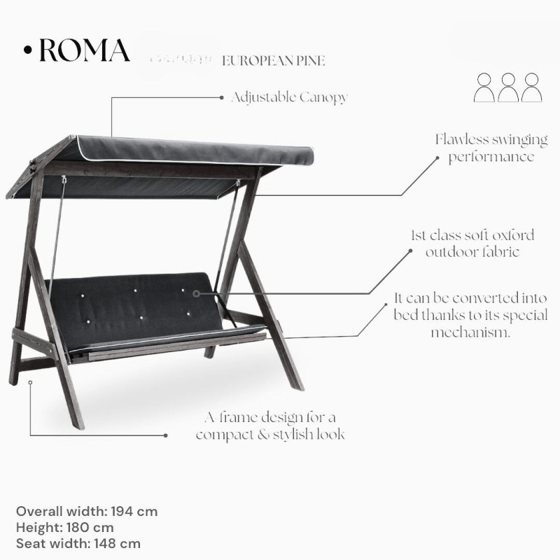 Garden Triple Swing Chair Roma 2000 - Anthracite Anthracite