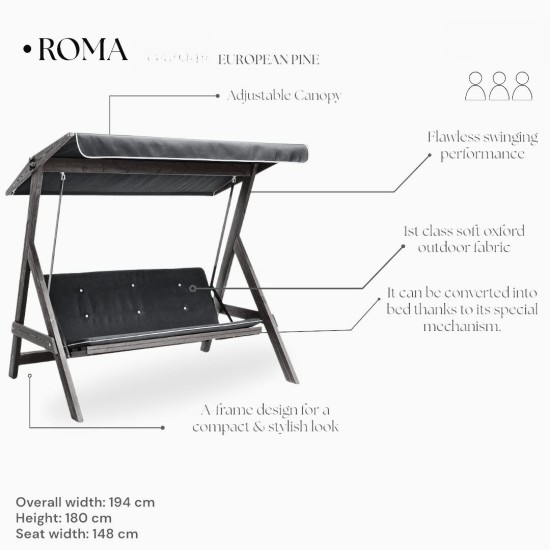 Garden Triple Swing Chair Roma 2001 - Grey Grey Garden Triple Swing Chair Roma 2001 - Grey Grey