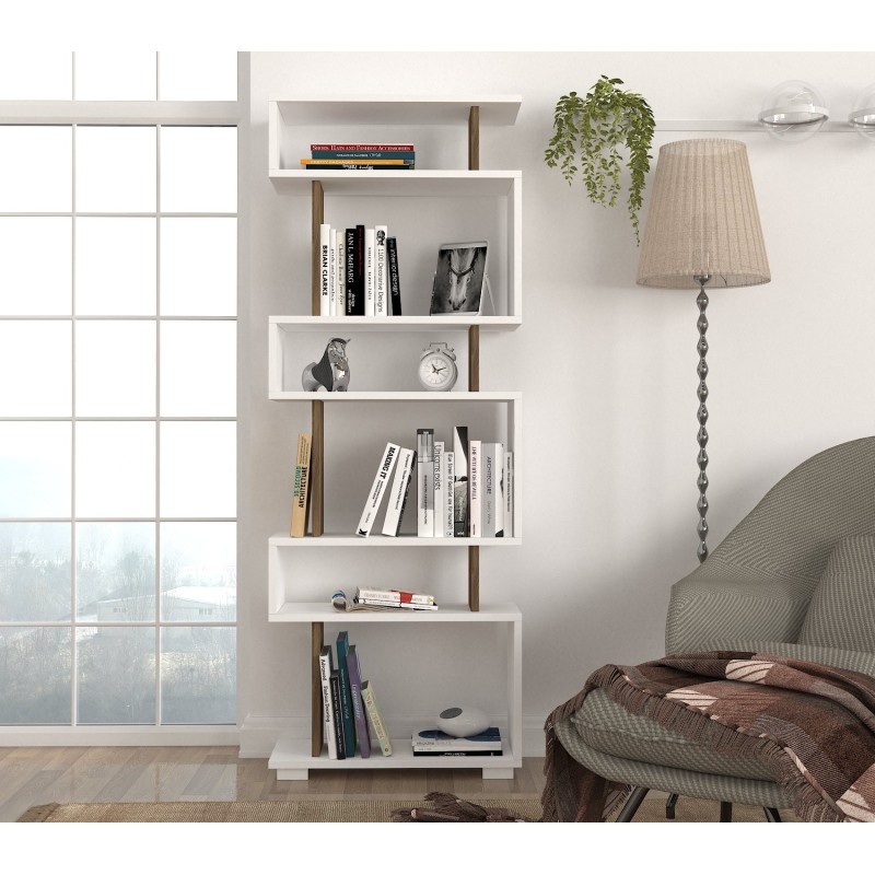 Βιβλιοθήκη - Blok - Χρώμα Λευκό Καρυδί - 60x20x165εκ