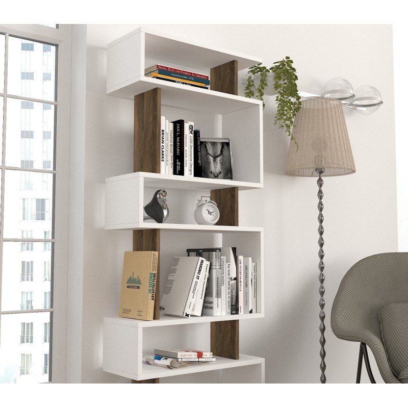 Βιβλιοθήκη - Blok - Χρώμα Λευκό Καρυδί - 60x20x165εκ