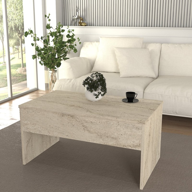 Τραπέζι σαλονιού - Akilli - Χρώμα Μπεζ με Εφέ Μαρμάρου - 90x45x52εκ