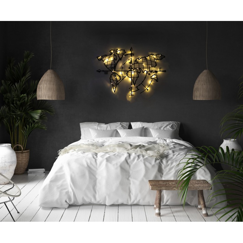 Wallxpert Decorative Metal Wall Accessory World Map Compass Led - Black Black