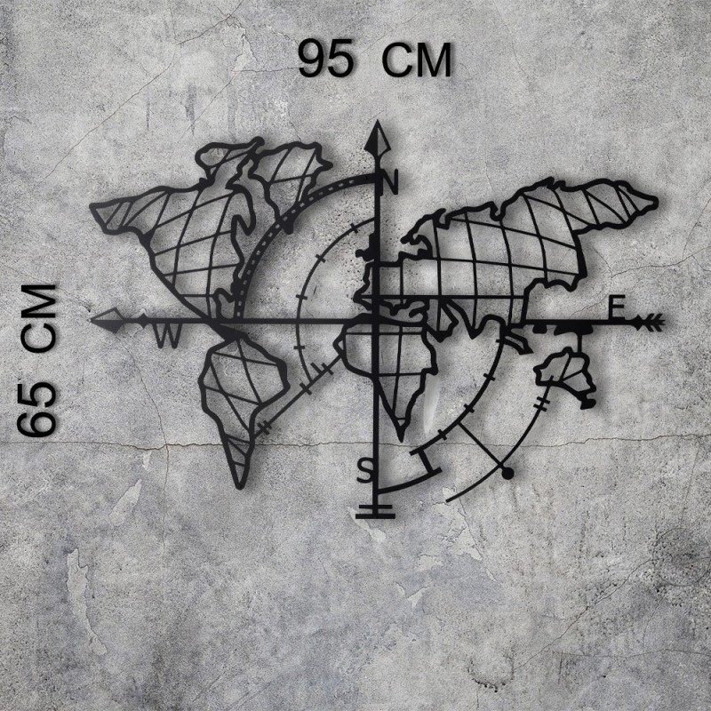 Wallxpert Decorative Metal Wall Accessory World Map Compass Led - Black Black
