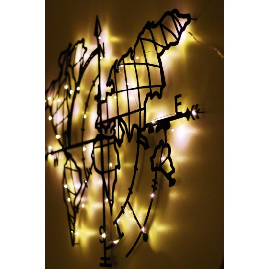 Decorative Metal Wall Accessory World Map Compass Led - Black Black Wallxpert Decorative Metal Wall Accessory World Map Compass Led - Black Black