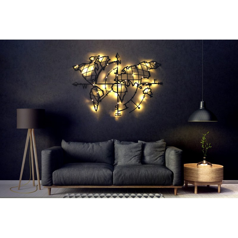 Wallxpert Decorative Metal Wall Accessory World Map Compass Led - Black Black