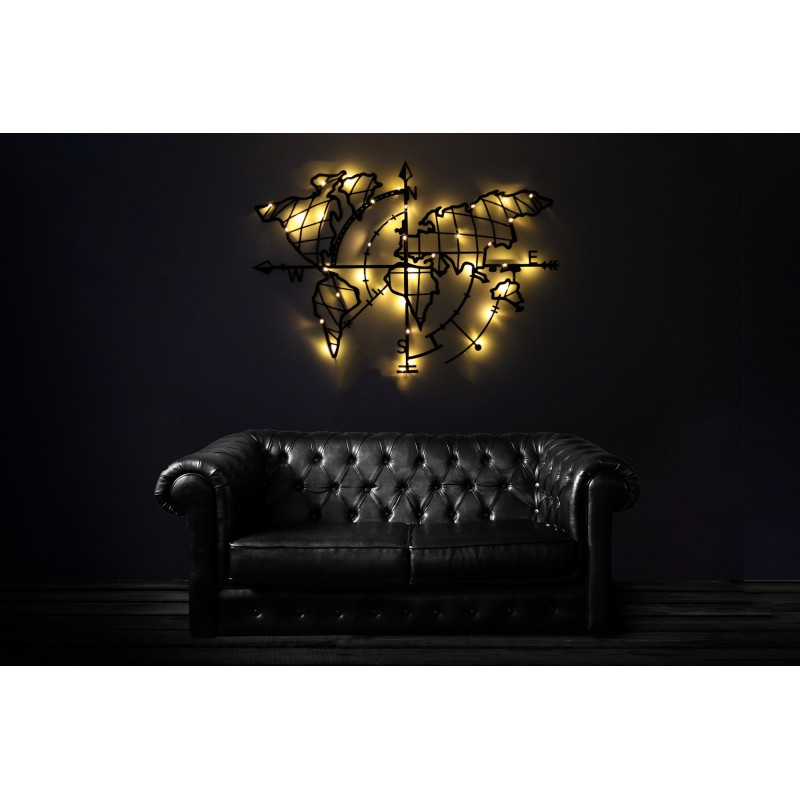 Wallxpert Decorative Metal Wall Accessory World Map Compass Led - Black Black