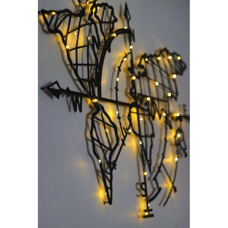 Wallxpert Decorative Metal Wall Accessory World Map Compass Led - Black Black