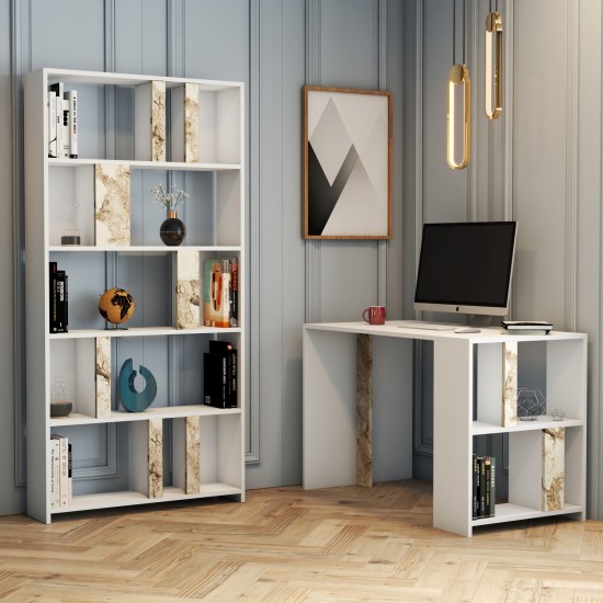 Study Desk & Bookshelf Lima - White Marble White Study Desk & Bookshelf Lima - White Marble White