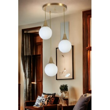 Chandelier Afra 3 Lü Tepsili Eskitme Beyaz Camlı Sarkıt White
Gold