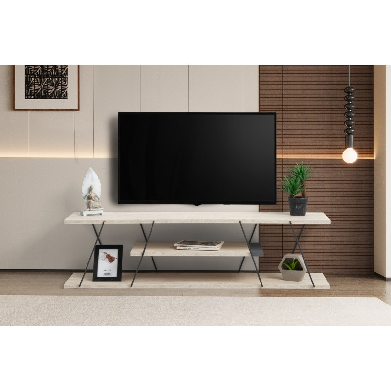 Έπιπλο Τηλεόρασης Canaz - Black, Travertine Μπεζ -120x30x33εκ