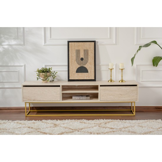 TV Stand Escape 180 - Gold, Travertine Travertine 
Gold