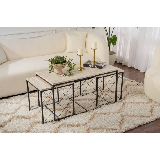 Coffee Table Set Defne - Black, Travertine Travertine Black Coffee Table Set Defne - Black, Travertine Travertine Black