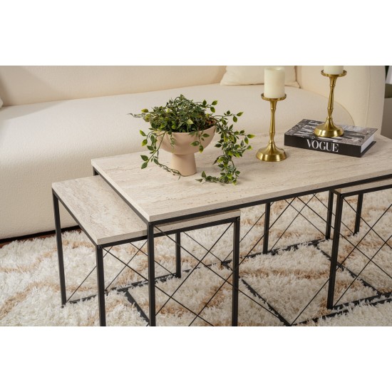 Coffee Table Set Defne - Black, Travertine Travertine Black Coffee Table Set Defne - Black, Travertine Travertine Black