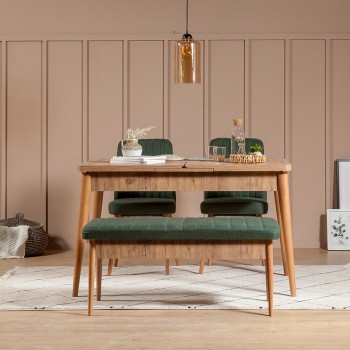 Σετ Τραπεζαρίας με Επεκτεινόμενο Τραπέζι και 4 Καρέκλες - Vina 1070 - Χρώμα Φυσικό Πεύκο  & Πράσινο