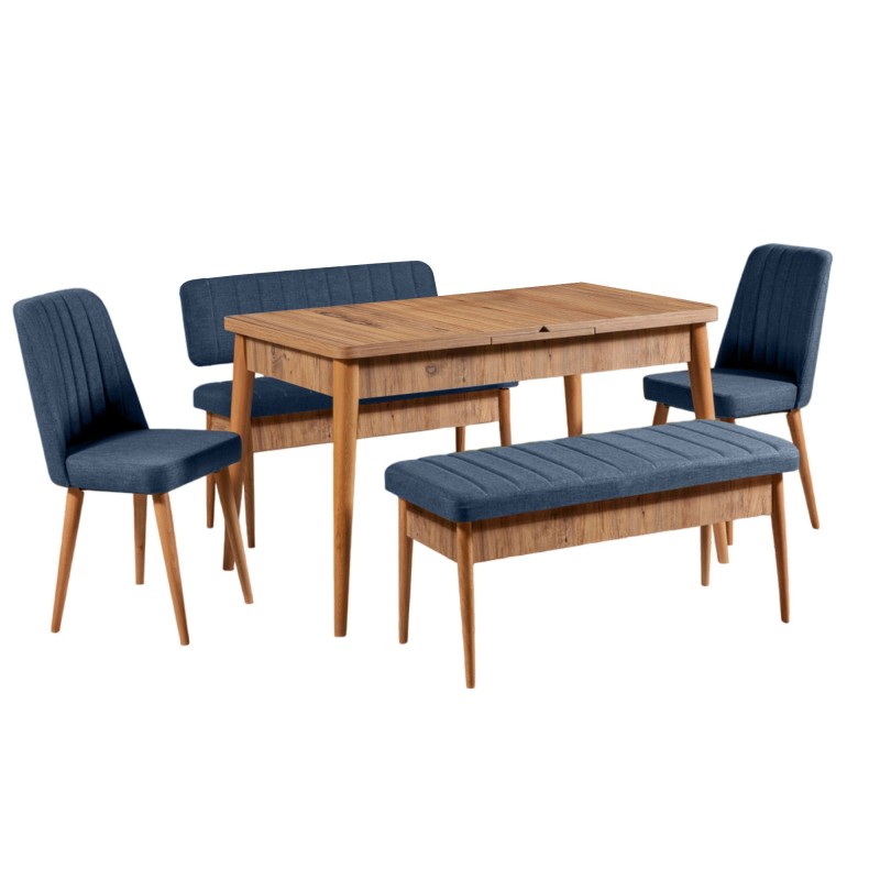 Σετ Τραπέζι Επεκτεινόμενο και 4 Καρέκλες - Vina - Χρώμα Καρυδί, Σκούρο Μπλε - 165x80x75εκ