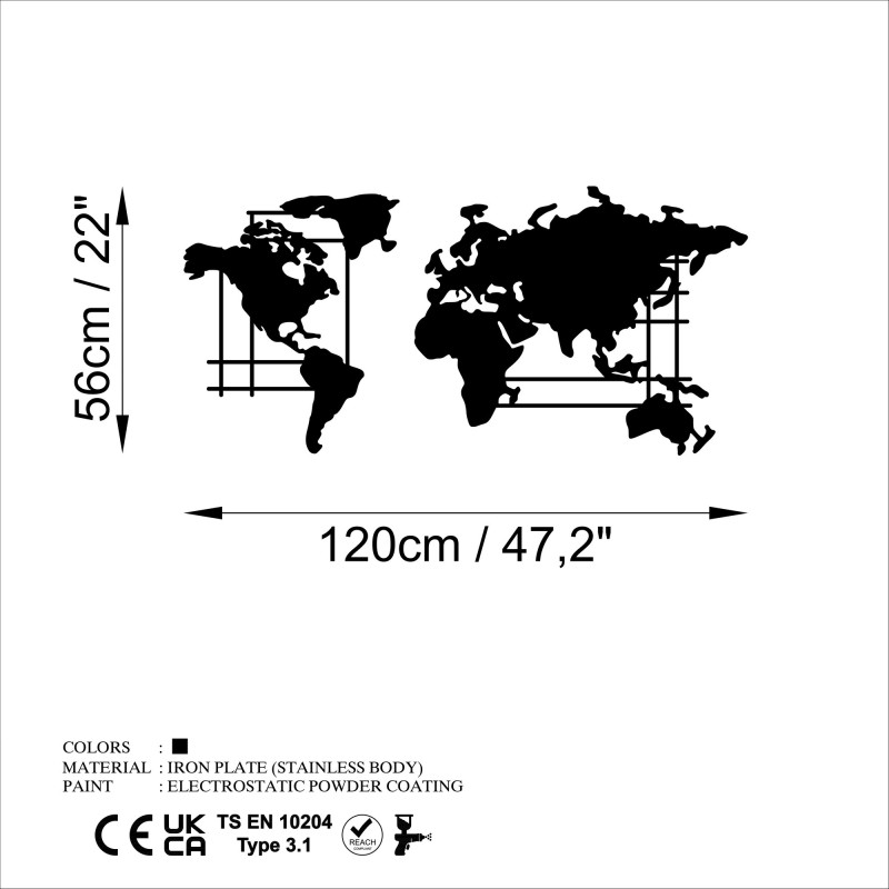 Decorative Metal Wall Accessory World Map - L Black