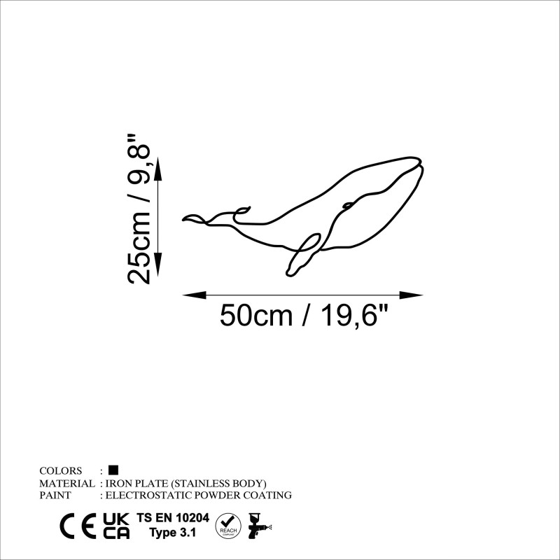 Decorative Metal Wall Accessory Whale - M Black