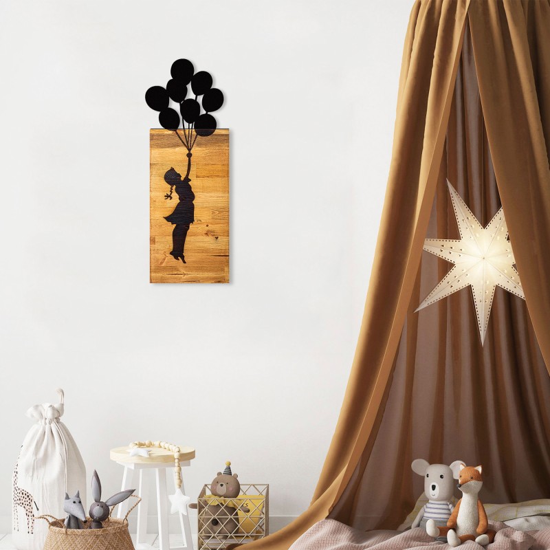 Wallxpert Decorative Wooden Wall Accessory Chıld And Balloons Black