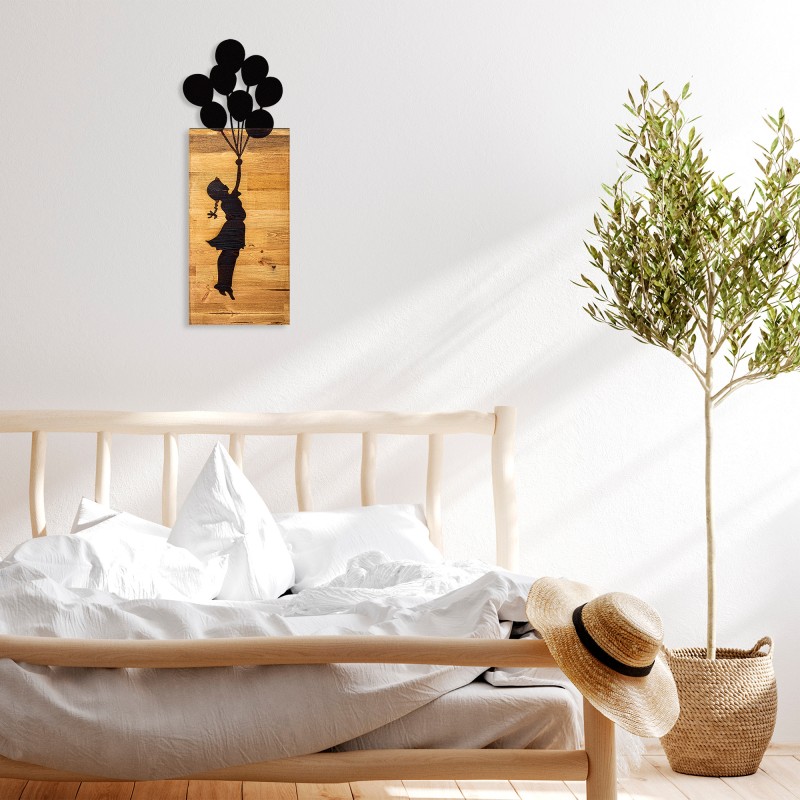 Wallxpert Decorative Wooden Wall Accessory Chıld And Balloons Black