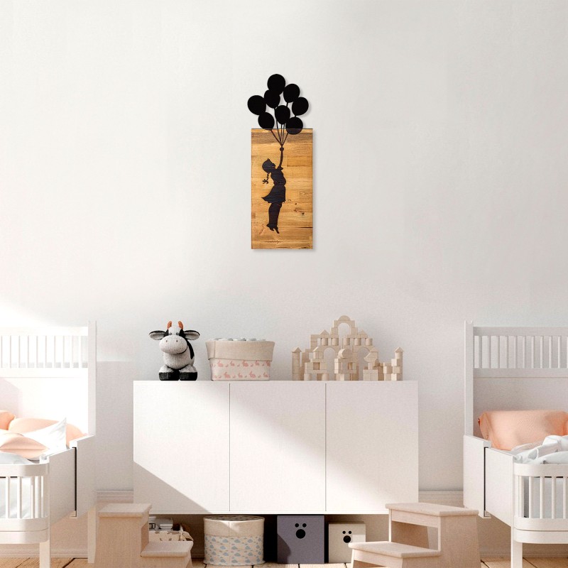 Wallxpert Decorative Wooden Wall Accessory Chıld And Balloons Black