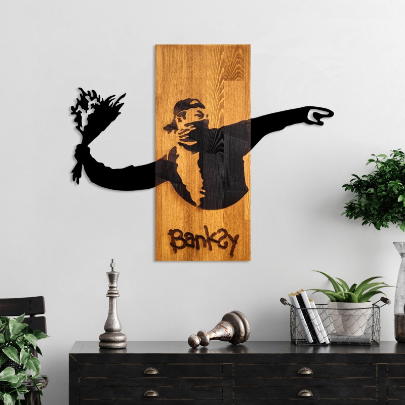Wallxpert Decorative Wooden Wall Accessory Banksy - Flower Thrower Walnut
Black