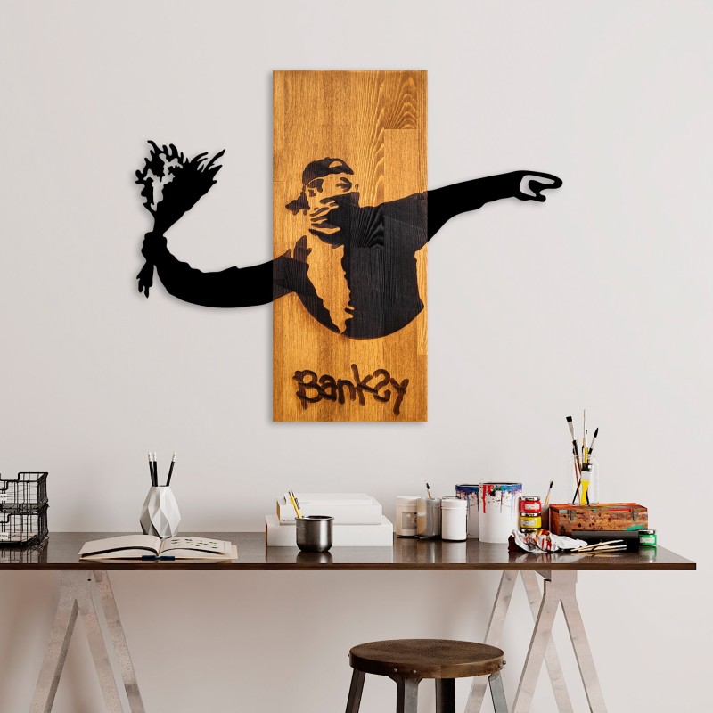 Wallxpert Decorative Wooden Wall Accessory Banksy - Flower Thrower Walnut
Black