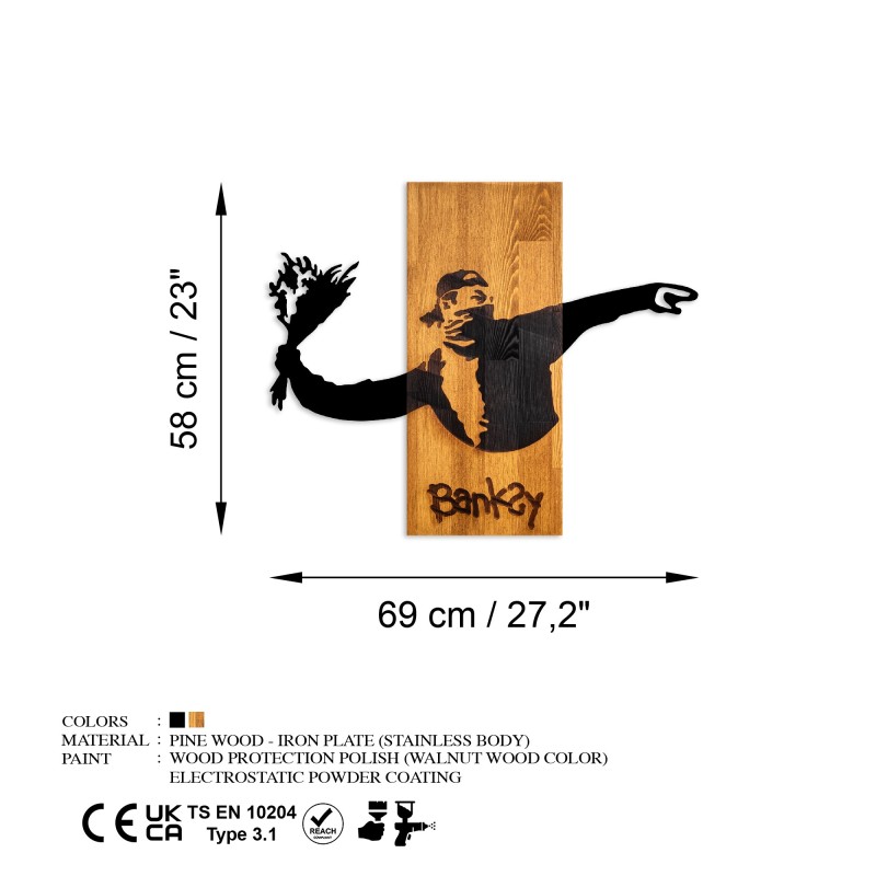 Wallxpert Decorative Wooden Wall Accessory Banksy - Flower Thrower Walnut
Black