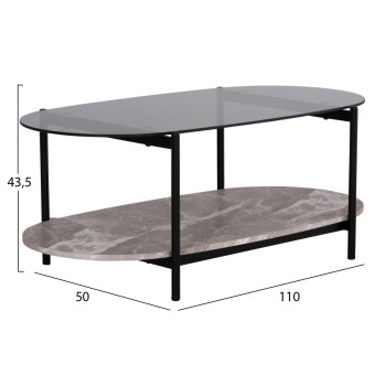 ΤΡΑΠΕΖΙ ΣΑΛΟΝΙΟΥ ΟΒΑΛ KITTY HM18040 ΓΥΑΛΙ ΦΙΜΕ TOP-GREY MARBLE ΜΕΛΑΜΙΝΗ 110x50x43Υεκ