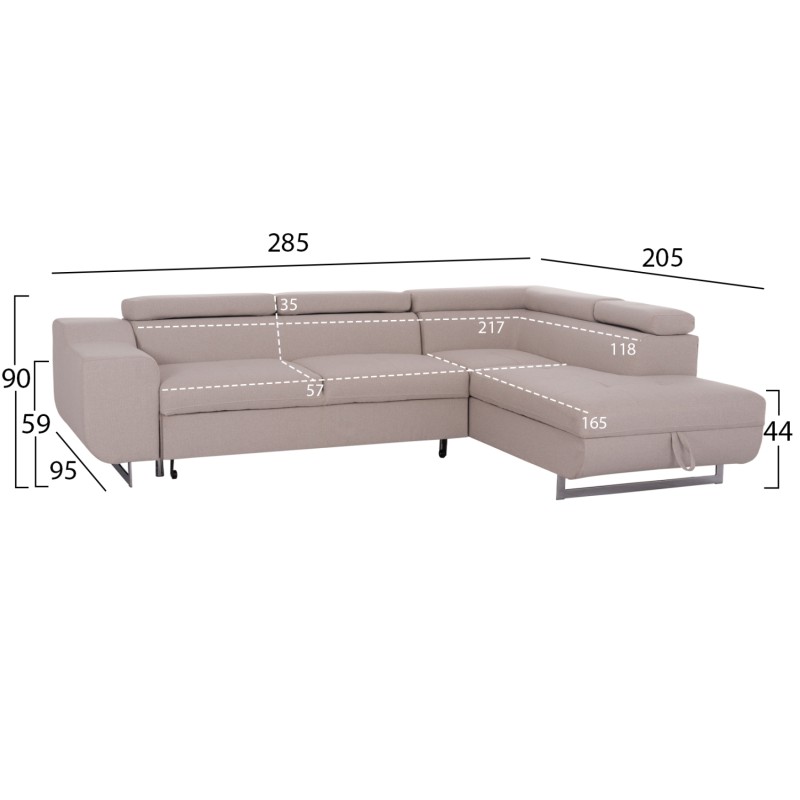 ΓΩΝΙΑΚΟΣ ΚΑΝΑΠΕΣ-ΚΡΕΒΑΤΙ ΜΕ ΑΠΟΘ.ΧΩΡΟ ENCORE HM3301.03R ΜΠΕΖ ΥΦΑΣΜΑ 285x205x90Υεκ.