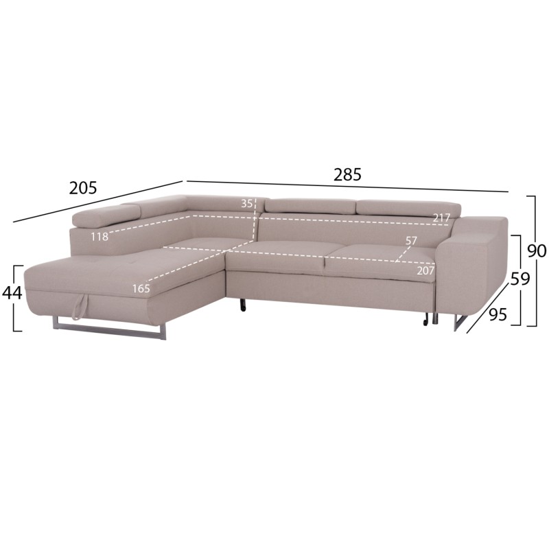 ΓΩΝΙΑΚΟΣ ΚΑΝΑΠΕΣ-ΚΡΕΒΑΤΙ ΜΕ ΑΠΟΘ.ΧΩΡΟ ENCORE HM3301.03L ΜΠΕΖ ΥΦΑΣΜΑ 285x205x90Υεκ.