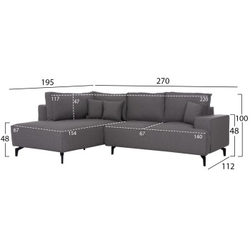 ΓΩΝΙΑΚΟΣ ΚΑΝΑΠΕΣ-ΚΡΕΒΑΤΙ ΜΕ ΑΠΟΘ.ΧΩΡΟ SAFFIRA HM3303.01L ΓΚΡΙ ΥΦΑΣΜΑ 270x195x100Υεκ.