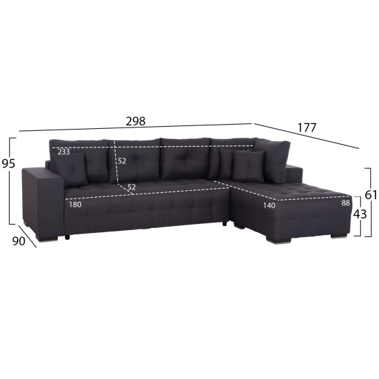 ΓΩΝΙΑΚΟΣ ΚΑΝΑΠΕΣ-ΚΡΕΒΑΤΙ ΜΕ ΑΠΟΘ.ΧΩΡΟ TRENDSTON HM3302.01R ΓΚΡΙ ΥΦΑΣΜΑ 298x177x95Υεκ