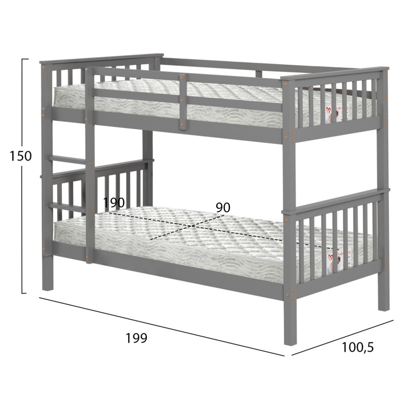 ΚΟΥΚΕΤΑ ΠΑΙΔΙΚΗ ΜΕ 2 ΣΤΡΩΜΑΤΑ LANTAI HM21307.02 ΞΥΛΟ ΠΕΥΚΟΥ ΓΚΡΙ--ΣΤΡΩΜΑΤΑ 90x190εκ