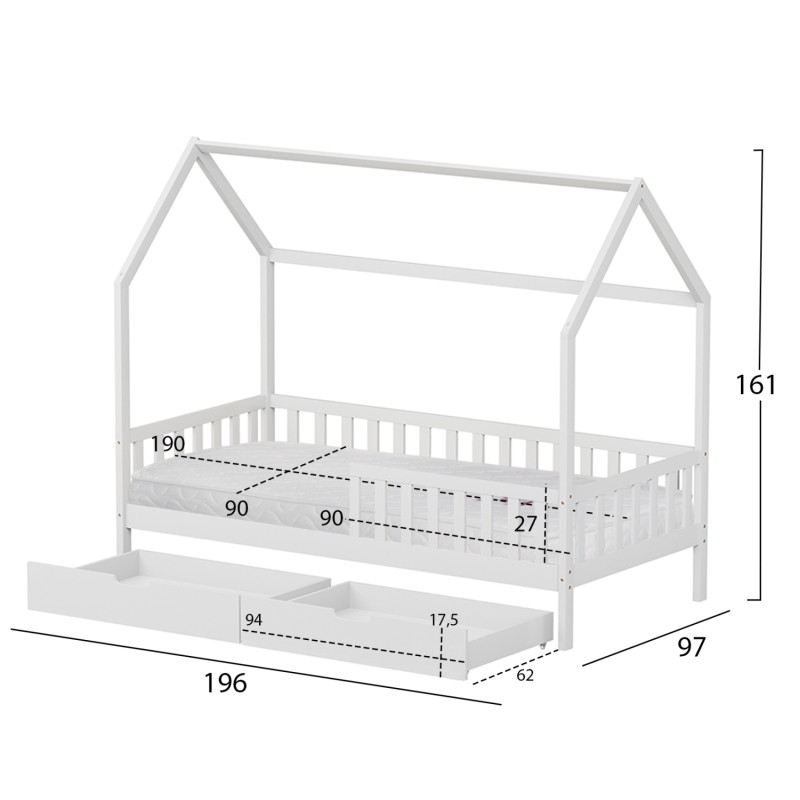 ΚΡΕΒΑΤΙ ΠΑΙΔΙΚΟ ΜΕ ΣΥΡΤΑΡΙΑ PHYLLIS HM21324.01 ΞΥΛΟ ΠΕΥΚΟΥ ΛΕΥΚΟ--ΜΕ ΣΤΡΩΜΑ 90x190εκ