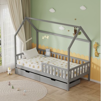 ΚΡΕΒΑΤΙ ΠΑΙΔΙΚΟ ΜΕ ΣΥΡΤΑΡΙΑ PHYLLIS HM21324.02 ΞΥΛΟ ΠΕΥΚΟΥ ΓΚΡΙ--ΜΕ ΣΤΡΩΜΑ 90x190εκ