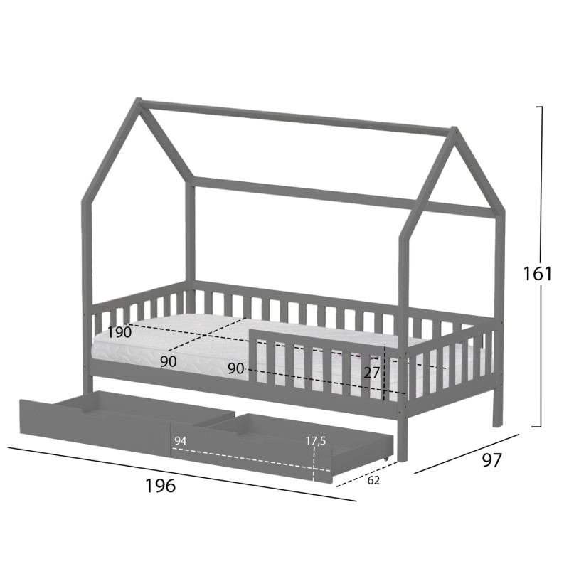 ΚΡΕΒΑΤΙ ΠΑΙΔΙΚΟ ΜΕ ΣΥΡΤΑΡΙΑ PHYLLIS HM21324.02 ΞΥΛΟ ΠΕΥΚΟΥ ΓΚΡΙ--ΜΕ ΣΤΡΩΜΑ 90x190εκ