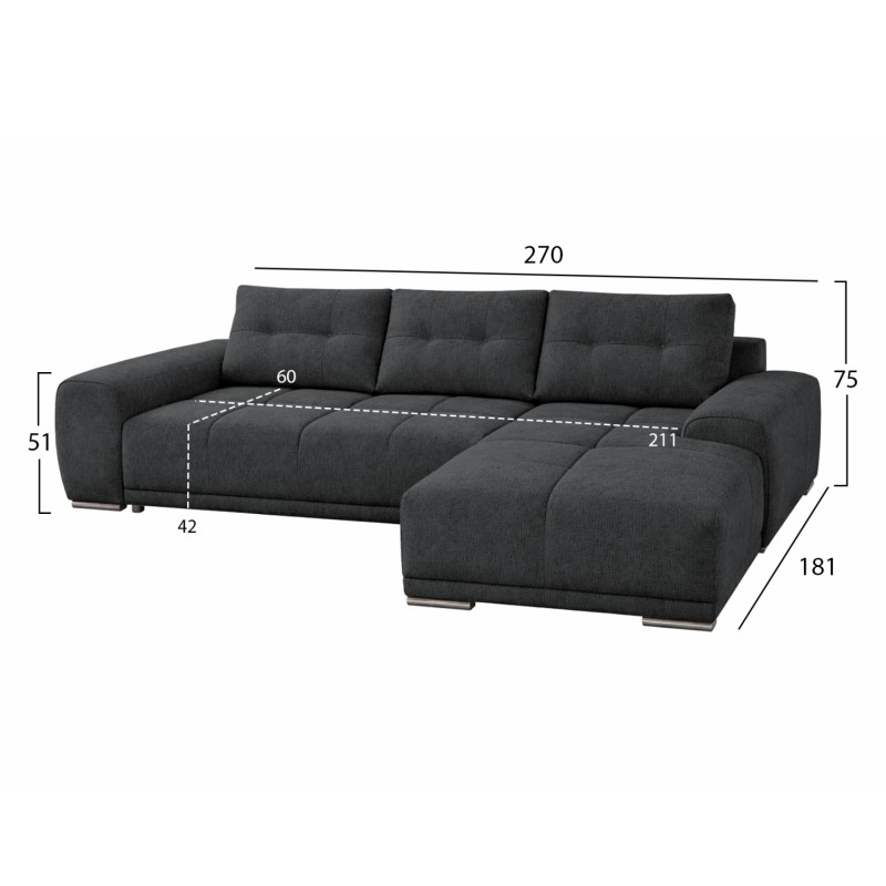 ΚΑΝΑΠΕΣ ΚΡΕΒΑΤΙ ΔΕΞΙΑ ΓΩΝΙΑ COMFYRA HM3336.01R ΓΚΡΙ ΥΦΑΣΜΑ 270x181x75Υεκ