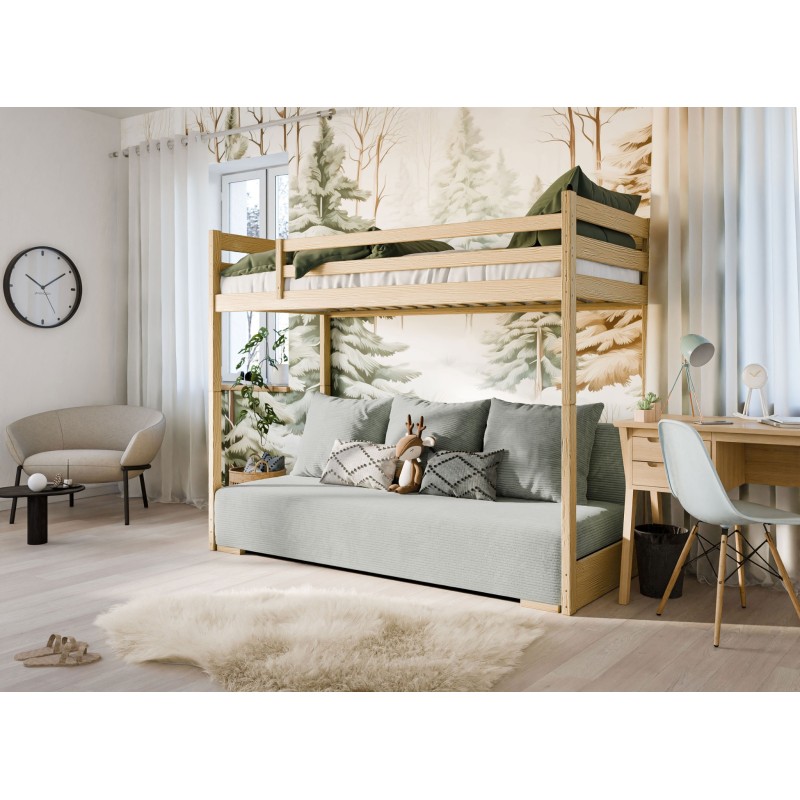 Παιδική Κουκέτα SOFINO 90x200/140x200 Φυσικό Χρώμα Πεύκου με Πτυσσόμενο Καναπέ beige POSO 38